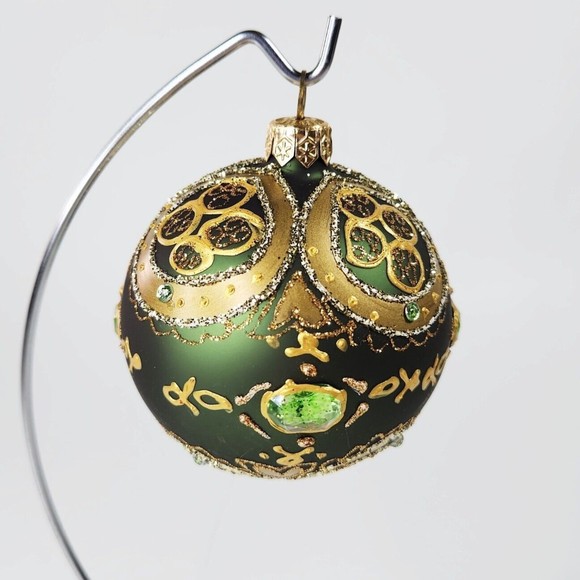 Hand Painted Green Gold Gem Glitter Christmas Tree Bulb Glass Ornament - Picture 2 of 7